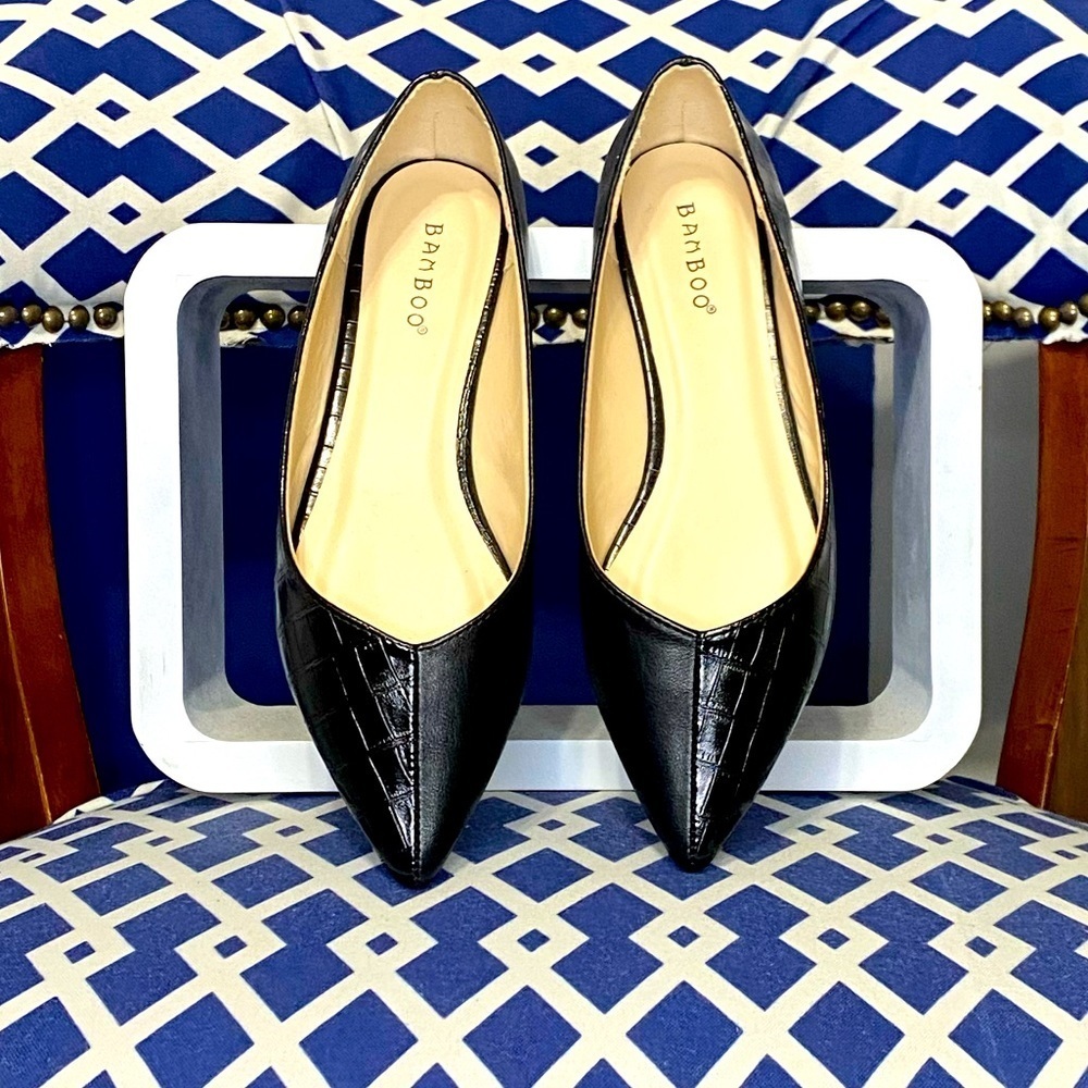 Black two tone croc slip on pointed ballet flats